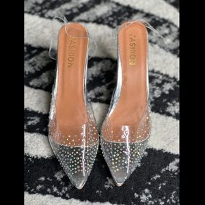 NWOT vinyl rhinestone high heel mules, peep toe, ankle strap, size 42,wi…